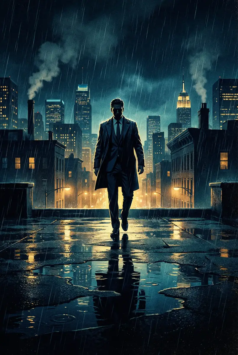 bbox撕裂bass后门 出品影片《雨夜独行者》海报，雨中城市屋顶男性剪影